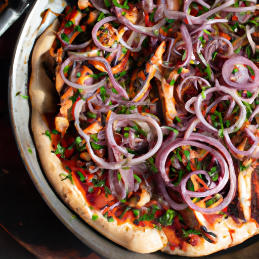 A flavorful BBQ chicken pizza cooked in a Dutch oven, featuring tender chicken, red onions, and cilantro.